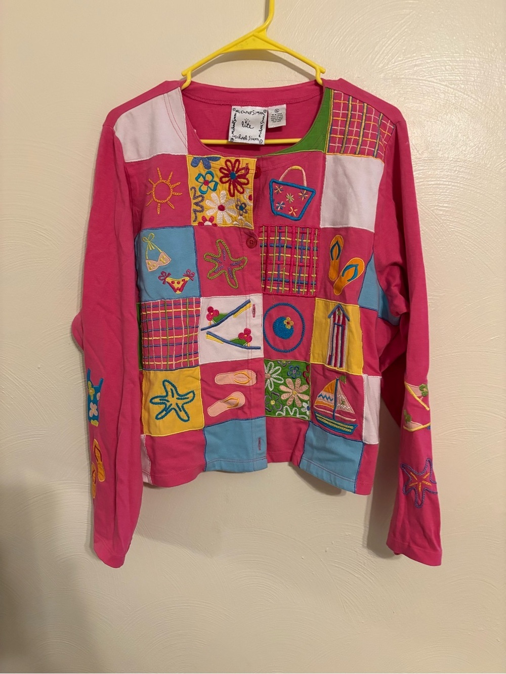 Michael Simon Lite XL Beach Patchwork Embroidered Cardigan Nautical